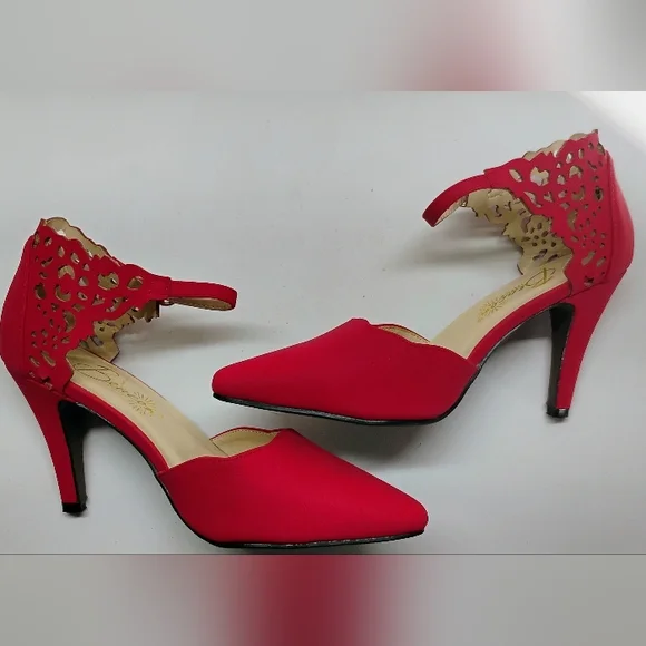 Beacon Crimson Pointed-Toe Cutout Ankle-Strap Heels - Picture 6 of 14